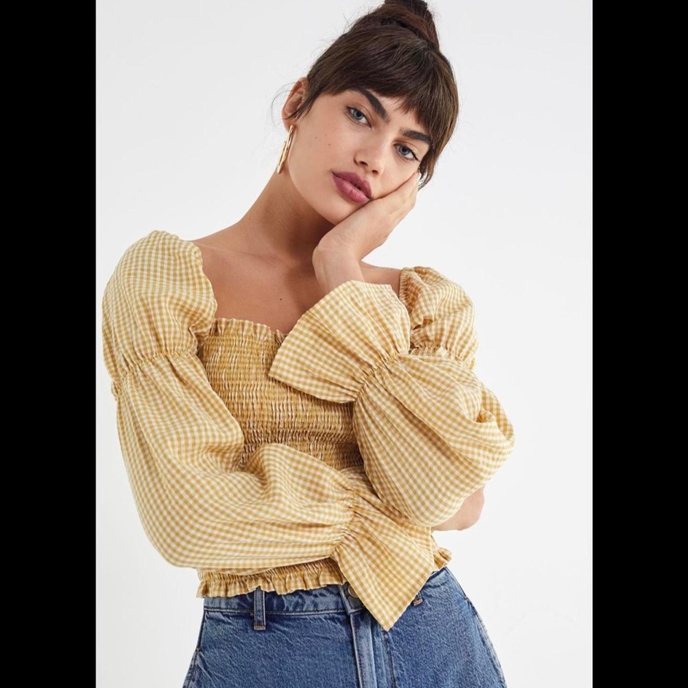 Urban Outfitters Yellow Gingham Smocked Long-Sleeve Blouse